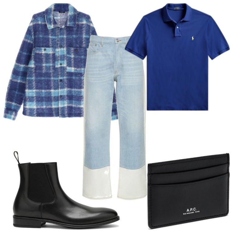 Outfit uomo - Total look #1798200. Stile Trendy per Tutti i giorni. Abbinamento con camicie, polo, stivali, portafogli, jeans.