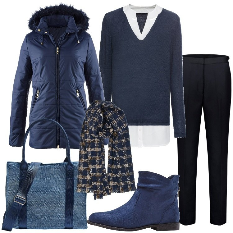 Outfit donna - My Blue Monday. Stile Casual per Tutti i giorni. Abbinamento con stivaletti, cappotti, maglieria, shopping bag, pantaloni, sciarpe.