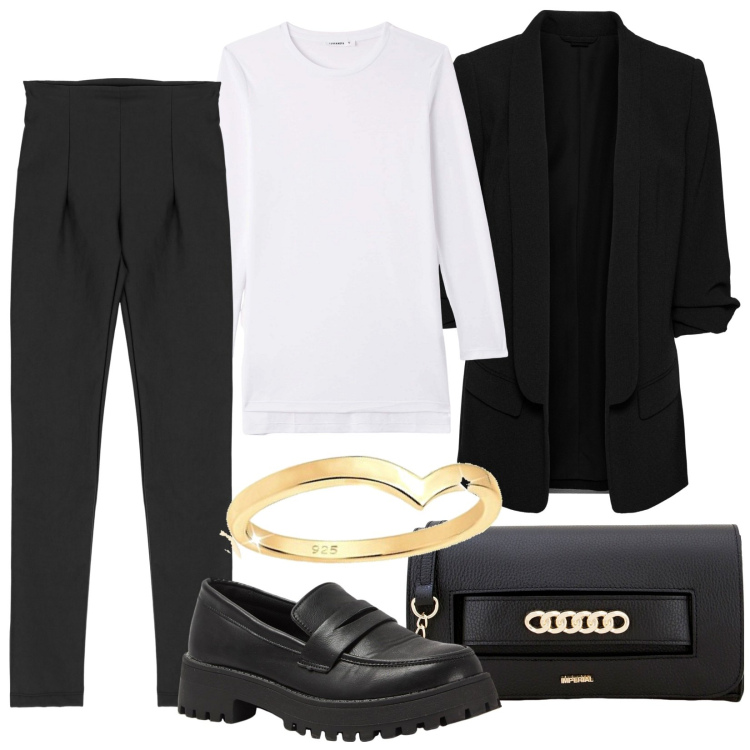 Outfit donna - Total look #1798235. Stile Mannish per Ufficio. Abbinamento con blazer, t-shirt, mocassini, pantaloni skinny, pochette, anelli.