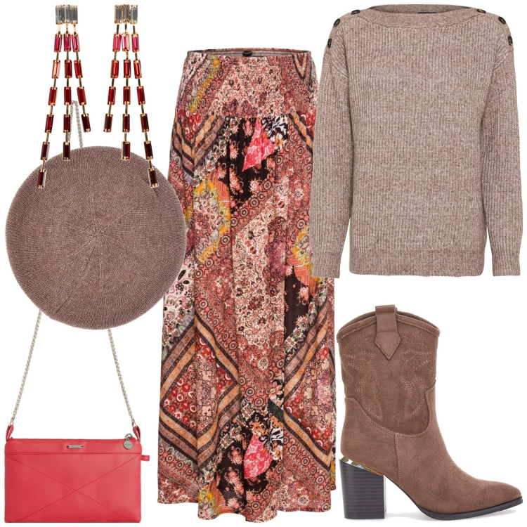 Outfit donna - Total look #1798241. Stile Etnico per Tutti i giorni. Abbinamento con maglieria, gonne, orecchini, clutch, stivaletti, cappelli e berretti.