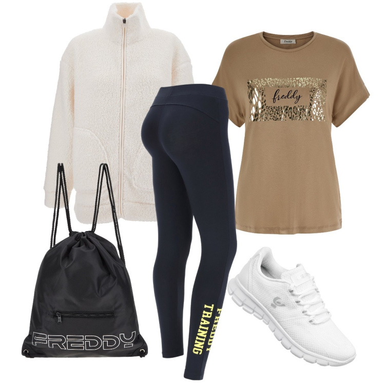 Outfit donna - La felpa teddy. Stile Sporty chic per Sport. Abbinamento con zaini, leggings, t-shirt, sneakers, felpe.