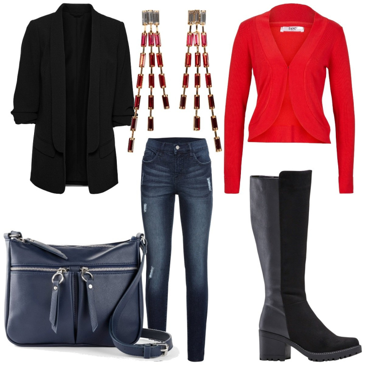 Outfit donna - Saldi saldi saldi. Stile Casual per Serata fuori. Abbinamento con jeans strappati, blazer, orecchini, stivali sopra il ginocchio, reggiseni, blazer.