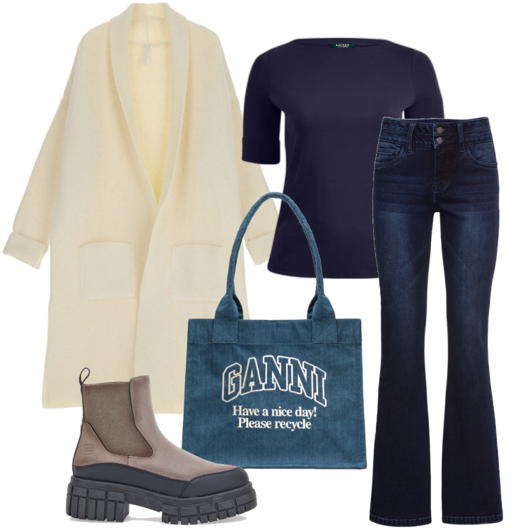 Outfit donna - La borsa color denim. Stile Urban per Tutti i giorni. Abbinamento con jeans bootcut, cardigans, top, stivaletti chelsea, shopping bag.
