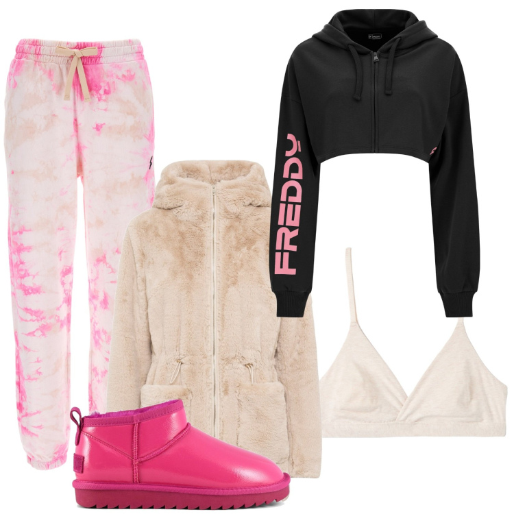 Outfit donna - Total look #1798275. Stile Casual per Tutti i giorni. Abbinamento con ecopellicce, reggiseni, felpe con cappuccio, pantaloni sportivi, stivali.
