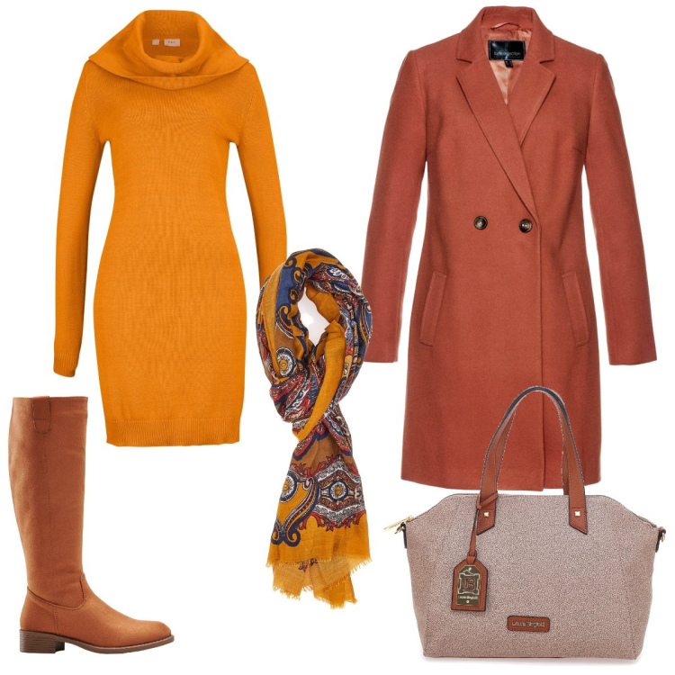 Outfit donna - Il sole e la terra. Stile Casual chic per Tutti i giorni. Abbinamento con stivali, cappotti, vestiti, sciarpe, borse a mano.
