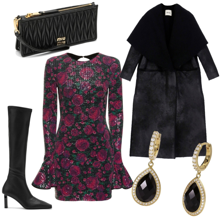 Outfit donna - Una serata con stile. Stile Chic per Serata fuori. Abbinamento con orecchini, cappotti, vestiti, stivali sopra il ginocchio, clutch.