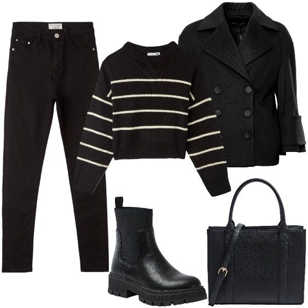 Outfit donna - Basic Comodo & Trendy. Stile Basic per Tutti i giorni. Abbinamento con maglieria, shopping bag, stivali sopra il ginocchio, jeans skinny, cappotti.