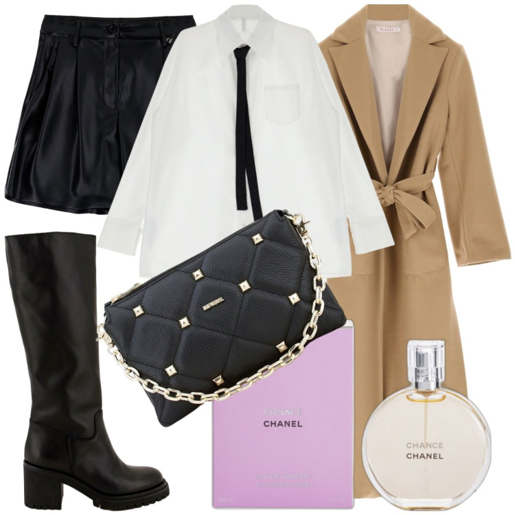 Outfit donna - Aperitivo per un trentesimo. Stile Casual chic per Serata fuori. Abbinamento con profumi, cappotti, pochette, stivali sopra il ginocchio, camicie, shorts.