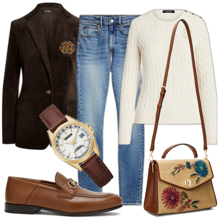 Outfit donna - Borsa Seventy. Stile 70s per Ufficio. Abbinamento con maglieria, blazer, borse a mano, jeans slim fit, mocassini, orologi analogici.