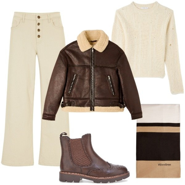 Outfit donna - Stivaletti Chelsea e Giacca Montone. Stile Trendy per Tutti i giorni. Abbinamento con jeans, ecopellicce, maglieria, stivaletti chelsea, sciarpe.