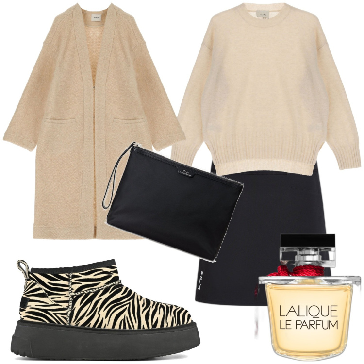 Outfit donna - Total look #1798306. Stile Trendy per Tutti i giorni. Abbinamento con profumi, cappotti, pullovers, minigonne, pochette, stivali sopra il ginocchio.
