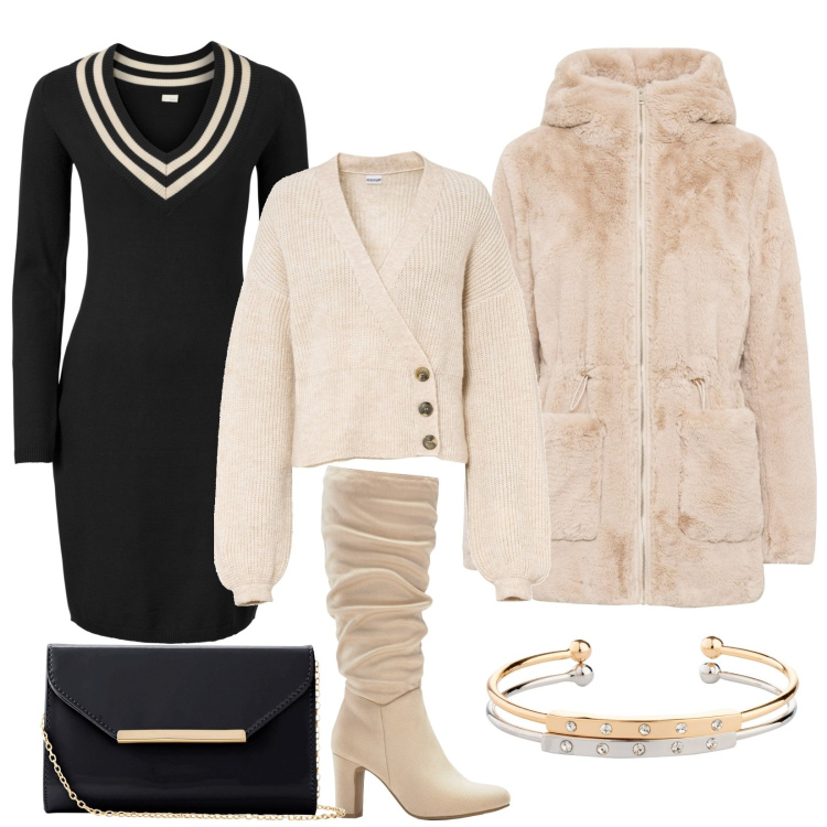 Outfit donna - Serata in pizzeria con gli amici. Stile Casual chic per Serata fuori. Abbinamento con ecopellicce, vestiti midi/longuette, maglieria, stivali sopra il ginocchio, braccialetti, pochette.