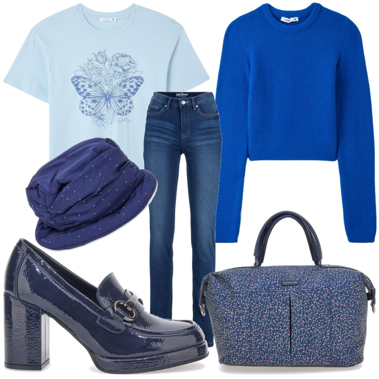 Outfit donna - I\'m Blue. Stile Casual per Tutti i giorni. Abbinamento con jeans slim fit, maglieria, t-shirt, mocassini, borse a mano, berretti.