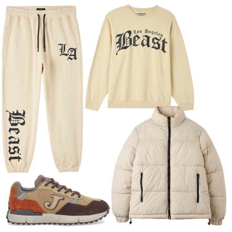 Outfit uomo - Colore crema. Stile Urban per Tutti i giorni. Abbinamento con felpe, piumini, pantaloni sportivi, sneakers.