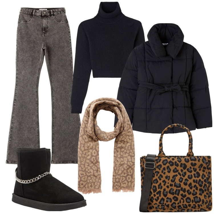 Outfit donna - Terranova saldi invernali. Stile Basic per Tutti i giorni. Abbinamento con jeggings, shopping bag, piumini, maglieria, sciarpe, stivaletti.