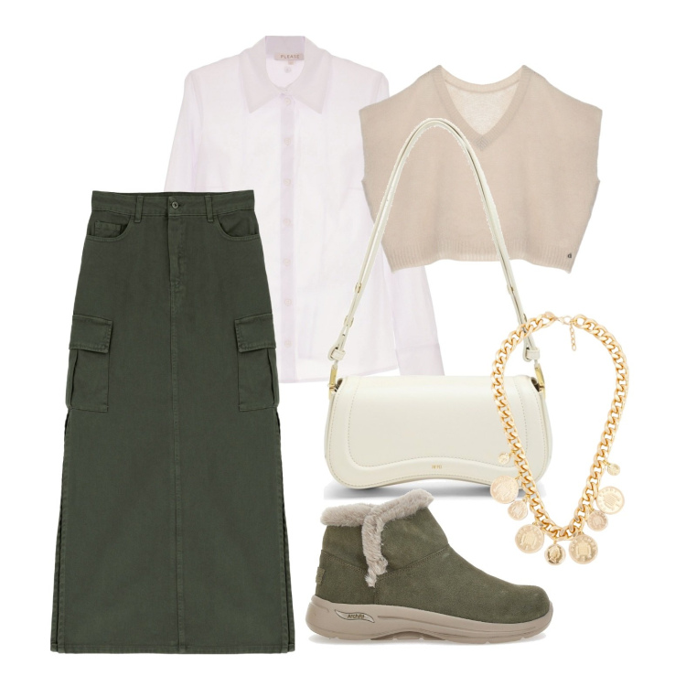 Outfit donna - Ghost outfitter - gennaio. Stile Casual per Tutti i giorni. Abbinamento con camicie, gonne lunghe, collane, pullovers, stivaletti, borse a spalla.