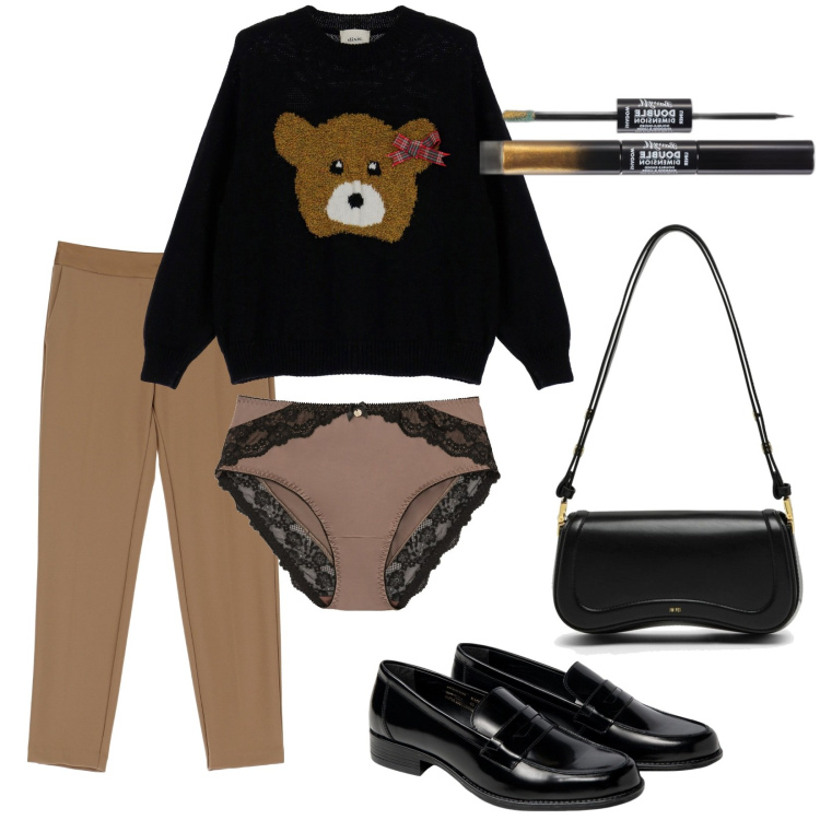 Outfit donna - Total look #1798360. Stile Trendy per Tutti i giorni. Abbinamento con slip, ombretti, pantaloni, pullovers, mocassini, borse a spalla.