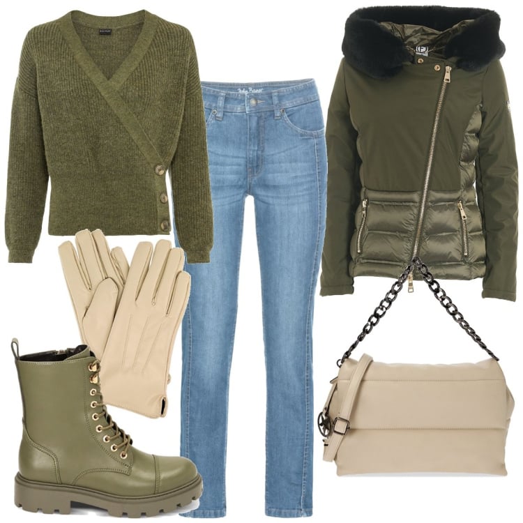 Outfit donna - Semplice e perfetta. Stile Casual per Tutti i giorni. Abbinamento con maglieria, jeans, blazer, anfibi, borse a spalla, guanti.