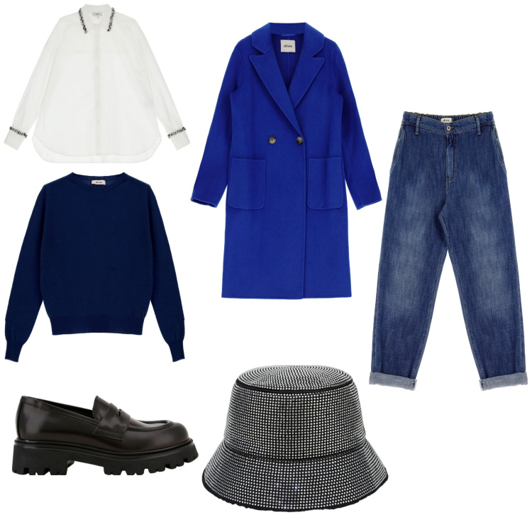 Outfit donna - Blue dixie. Stile Casual chic per Serata fuori. Abbinamento con jeans, mocassini, cappotti, pullovers, cappelli, camicie.