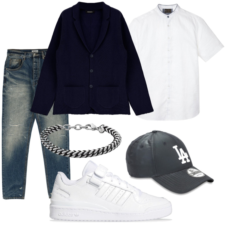 Outfit uomo - Total look #1798373. Stile Trendy per Tutti i giorni. Abbinamento con camicie a manica corta, cappotti, jeans dritti, sneakers, cappelli con visiera, braccialetti.
