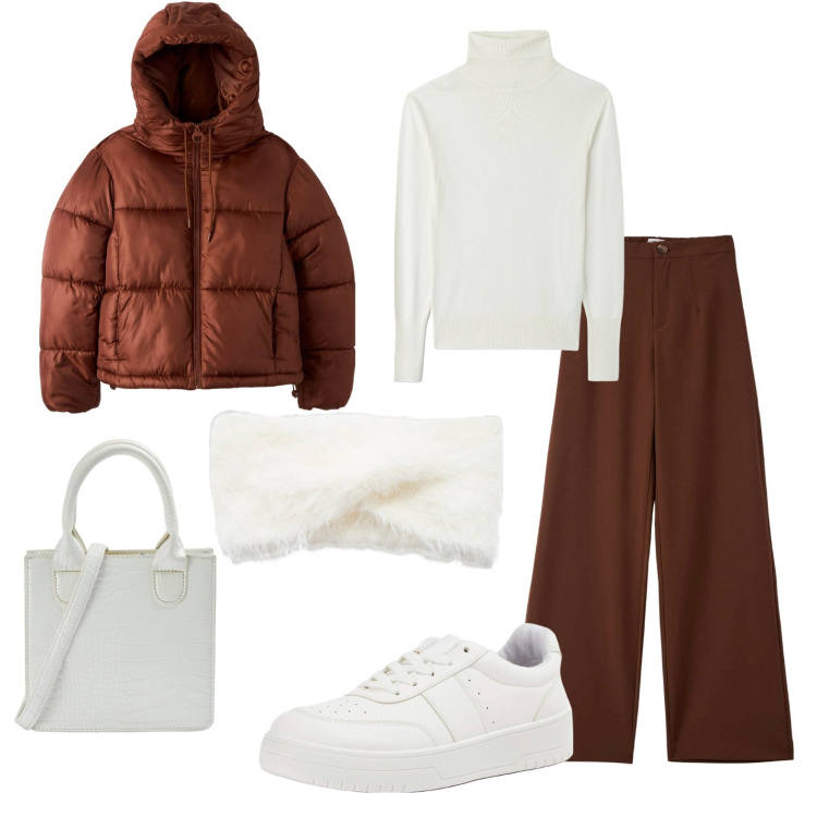 Outfit donna - Outfit casual. Stile Basic per Tutti i giorni. Abbinamento con pantaloni, sneakers, piumini, maglieria, fasce per capelli, shopping bag.
