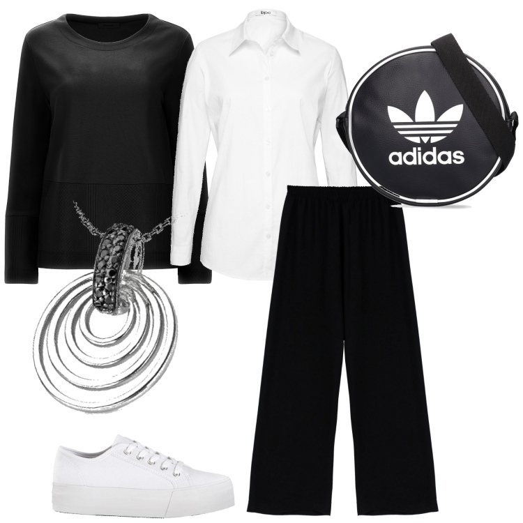 Outfit donna - Domenica in relax. Stile Casual per Tutti i giorni. Abbinamento con camicie, sneakers, pantaloni a palazzo, felpe, collane, borse a spalla.