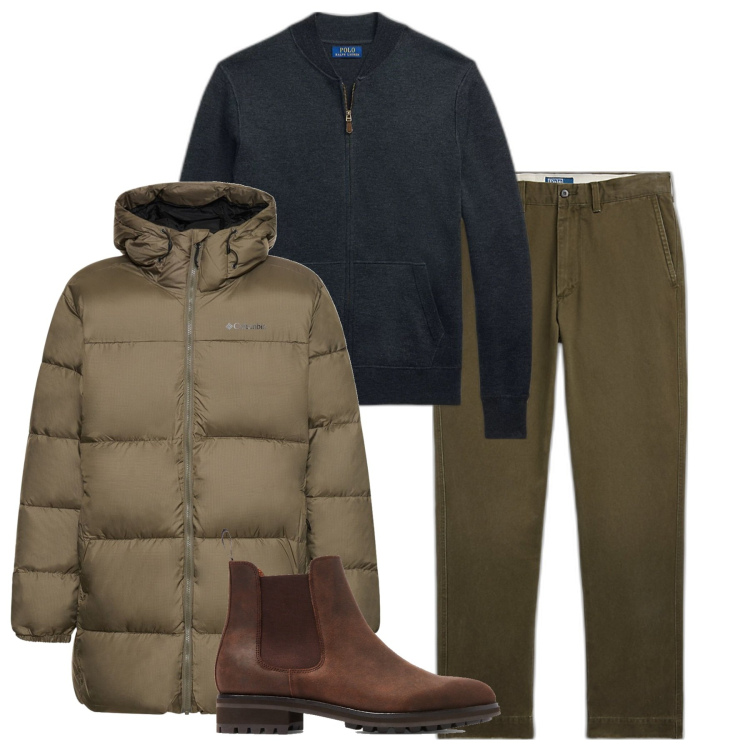 Outfit uomo - Inverno. Stile Casual per Tutti i giorni. Abbinamento con pantaloni, stivali e stivaletti, maglieria, parka.