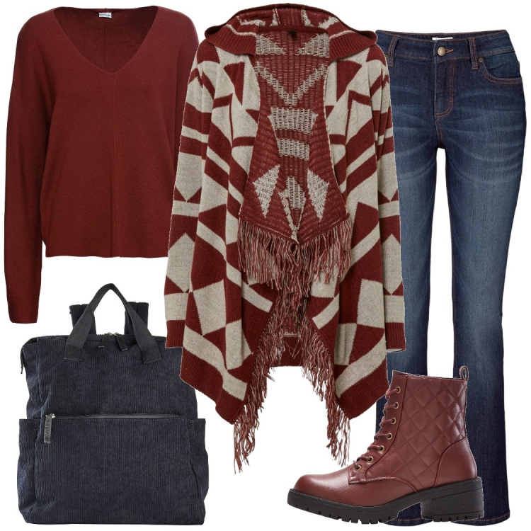 Outfit donna - Trendy coi saldy. Stile Casual chic per Serata fuori. Abbinamento con jeans bootcut, zaini, cardigans, maglieria, stivaletti.