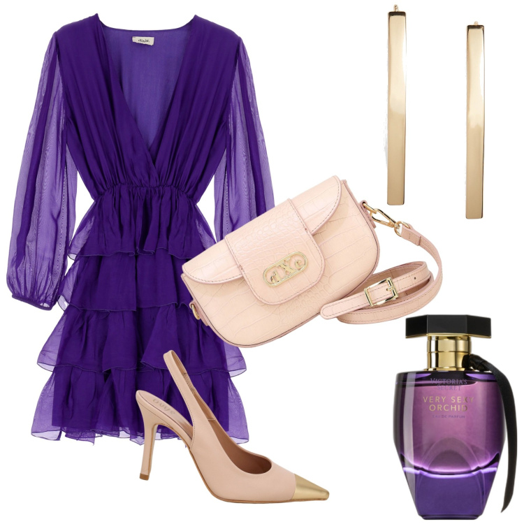 Outfit donna - Il cipria con il viola. Stile Glamour per Cerimonia. Abbinamento con profumi, vestiti corti, décolleté, pochette, orecchini.