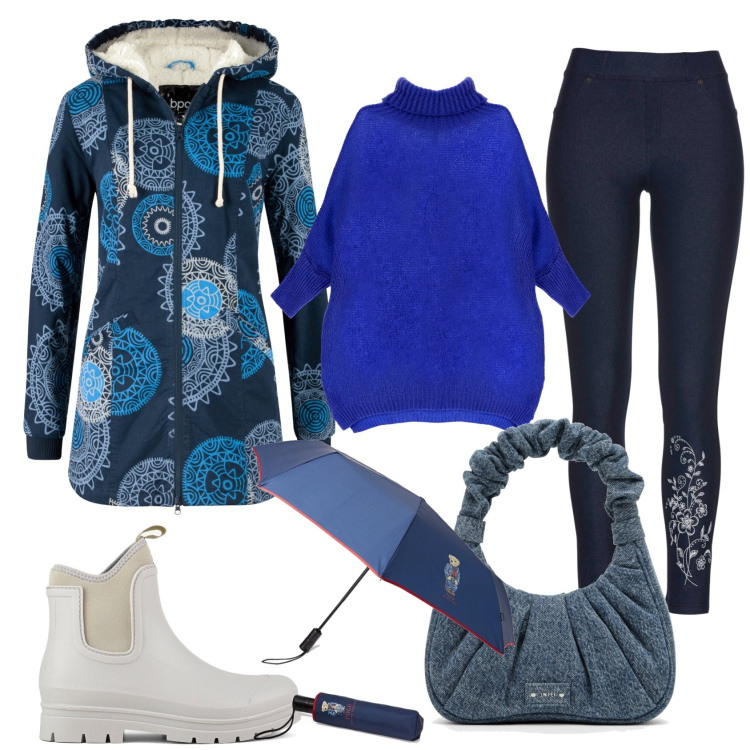 Outfit donna - Cerchi Blu. Stile Casual per Tutti i giorni. Abbinamento con parka, jeggings, maglieria, borse tote, stivali, borse a mano.