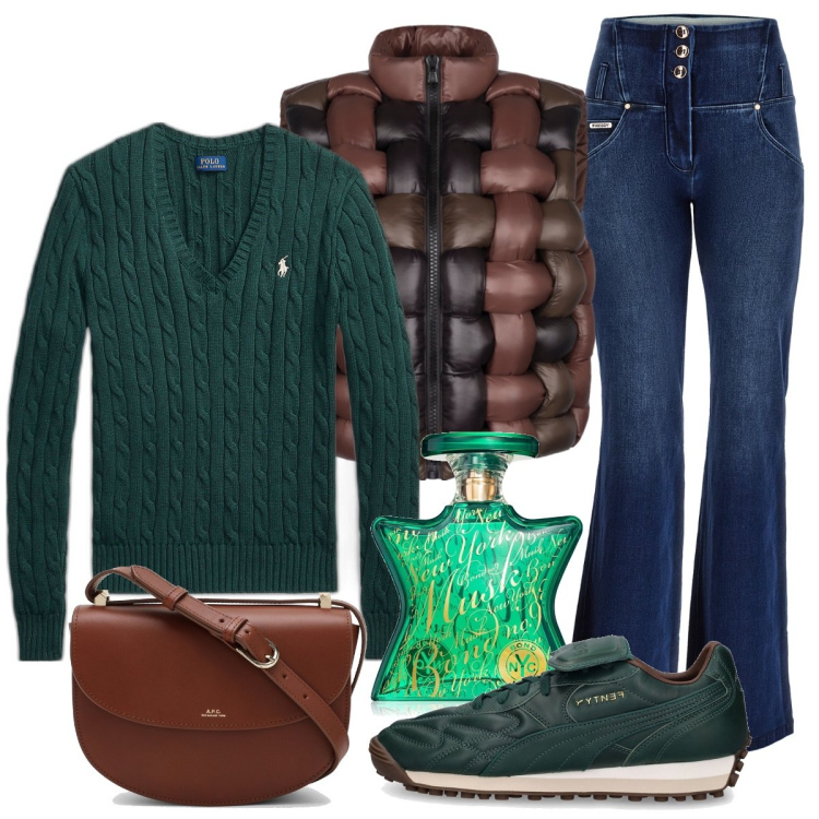 Outfit donna - Total look #1798386. Stile Urban per Tutti i giorni. Abbinamento con profumi, jeans a zampa, maglieria, piumini, sneakers alte, borse a tracolla.