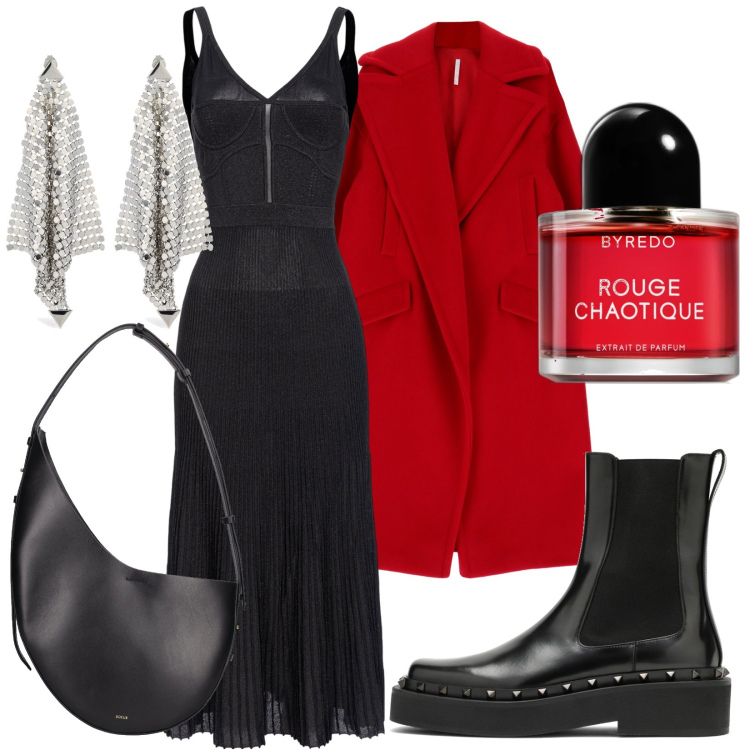 Outfit donna - Serata da Mistery. Stile Glamour per Serata fuori. Abbinamento con profumi, vestiti midi/longuette, cappotti, borse a spalla, orecchini, stivaletti.