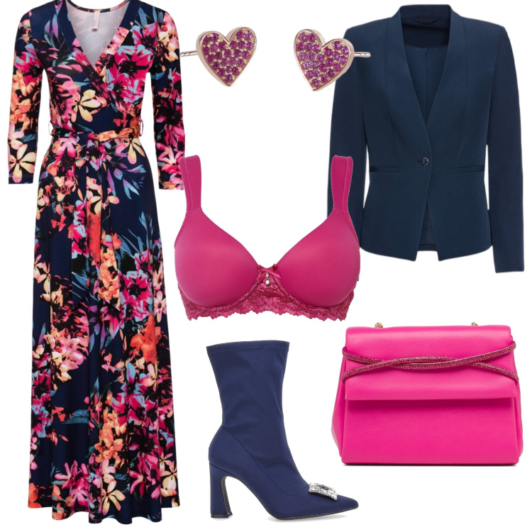 Outfit donna - Abito blu a fiori. Stile Romantica per Serata fuori. Abbinamento con blazer, vestiti lunghi, reggiseni, orecchini, clutch, stivaletti.