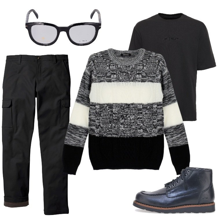 Outfit uomo - #Gennaio. Stile Casual per Tutti i giorni. Abbinamento con pantaloni cargo, maglieria, occhiali da sole, stivali e stivaletti, t-shirt.