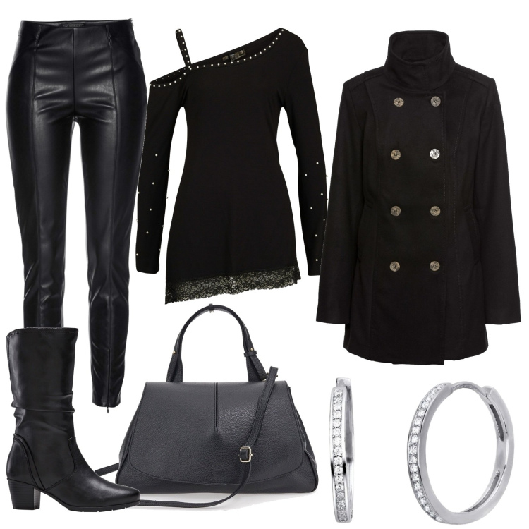 Outfit donna - Sexy in Total black. Stile Sexy per Serata fuori. Abbinamento con stivali, treggings, maglieria, caban, orecchini, borse a tracolla.
