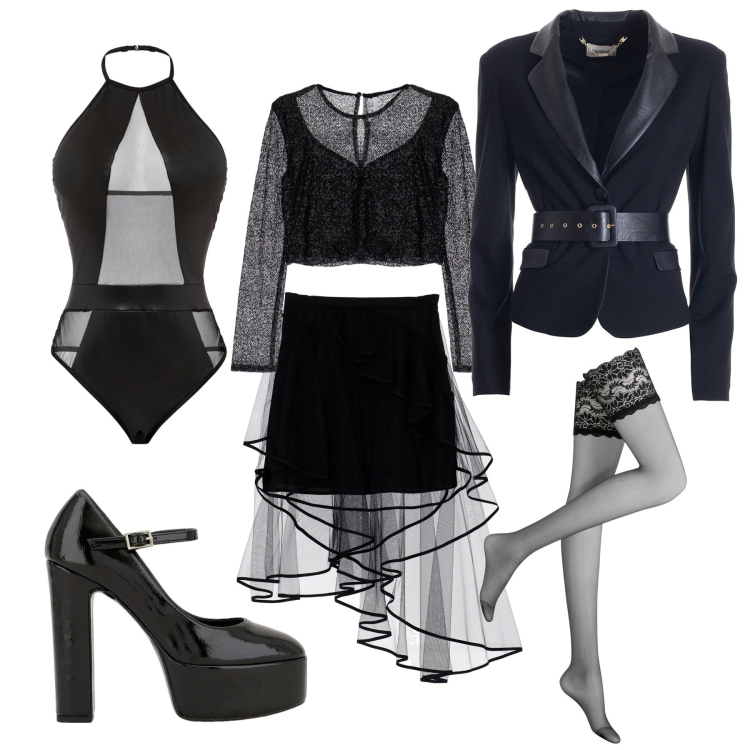 Outfit donna - Trasparenze. Stile Chic per Serata fuori. Abbinamento con body, collant, gonne longuette, maglieria, décolleté, blazer.