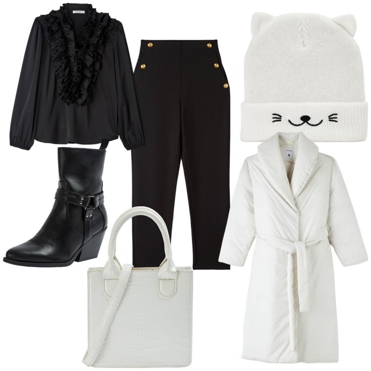 Outfit donna - Blackout and white. Stile Minimal per Tutti i giorni. Abbinamento con pantaloni chino, piumini, berretti, camicie, stivaletti texani, shopping bag.
