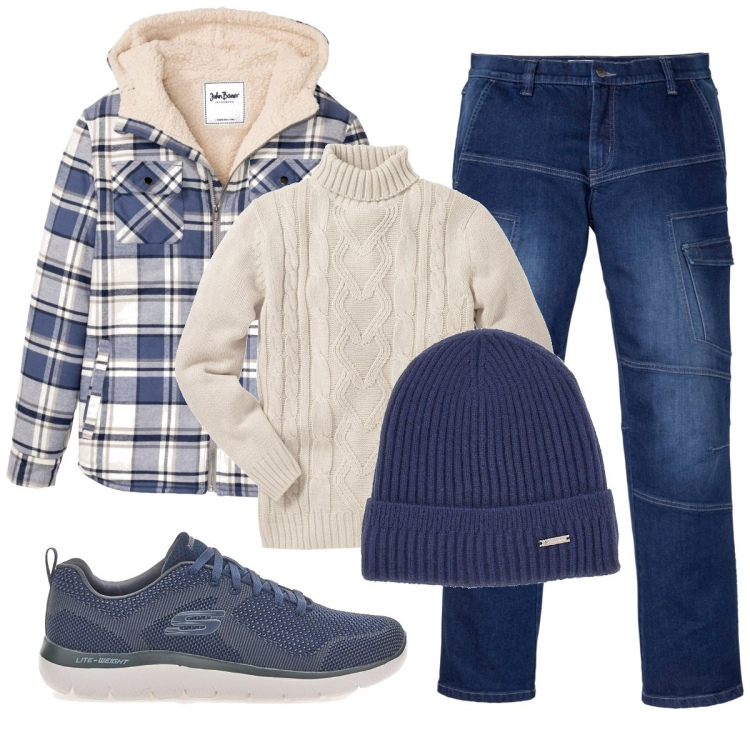 Outfit uomo - Total look #1798422. Stile Casual per Tutti i giorni. Abbinamento con maglieria, cappotti, jeans dritti, sneakers, berretti.