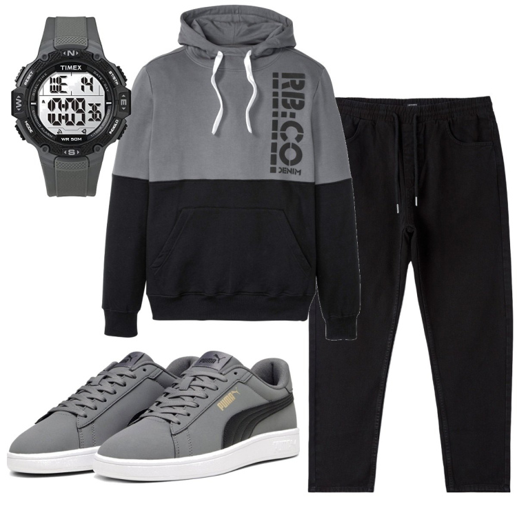 Outfit uomo - Total look #1798423. Stile Casual per Tutti i giorni. Abbinamento con felpe con cappuccio, pantaloni, orologi digitali, sneakers.