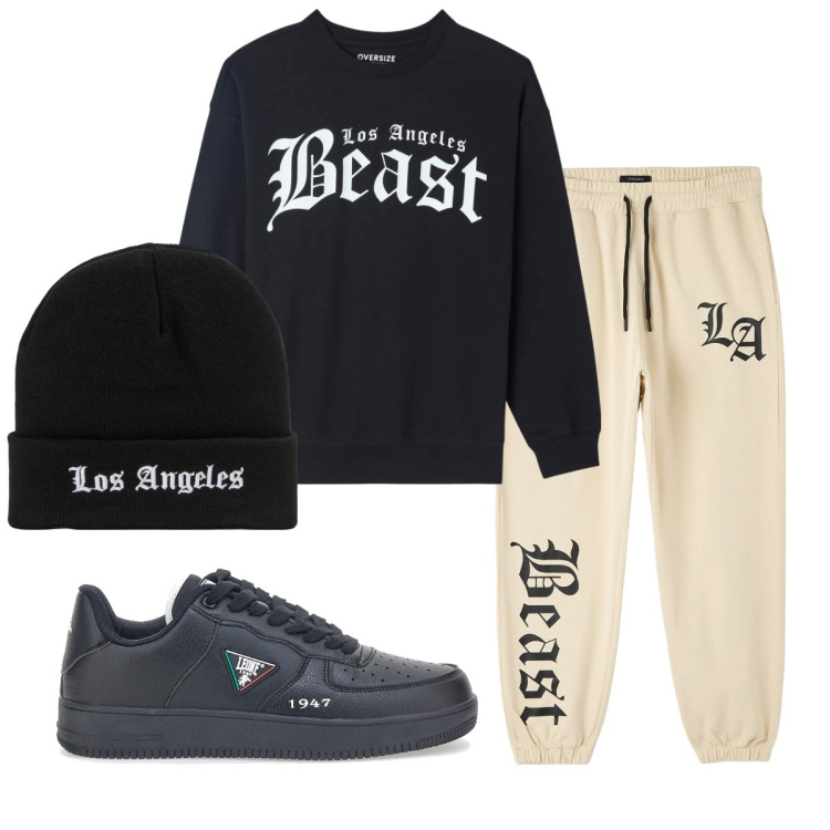 Outfit uomo - Total look #1798424. Stile Casual per Tutti i giorni. Abbinamento con felpe, berretti, pantaloni sportivi, sneakers.