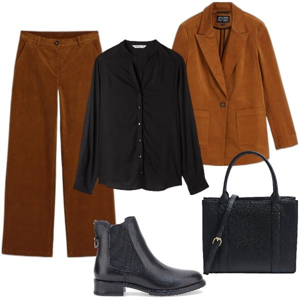 Outfit donna - Il Completo in Velluto. Stile Basic per Ufficio. Abbinamento con pantaloni, blazer, camicie, shopping bag, stivaletti.