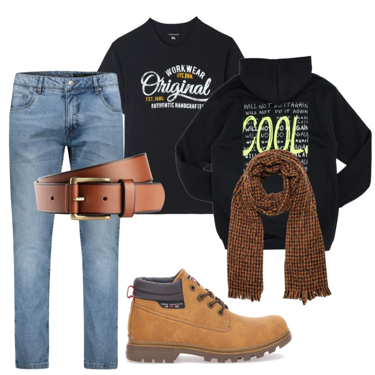 Outfit uomo - Stile urban. Stile Urban per Tutti i giorni. Abbinamento con cinture, t-shirt, sciarpe, felpe, jeans, stivali e stivaletti.