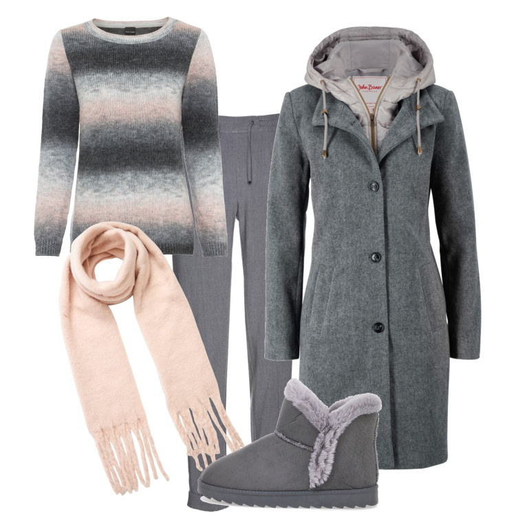 Outfit donna - La sciarpa rosa. Stile Casual per Tutti i giorni. Abbinamento con cappotti, pantaloni, maglieria, sciarpe, stivaletti.