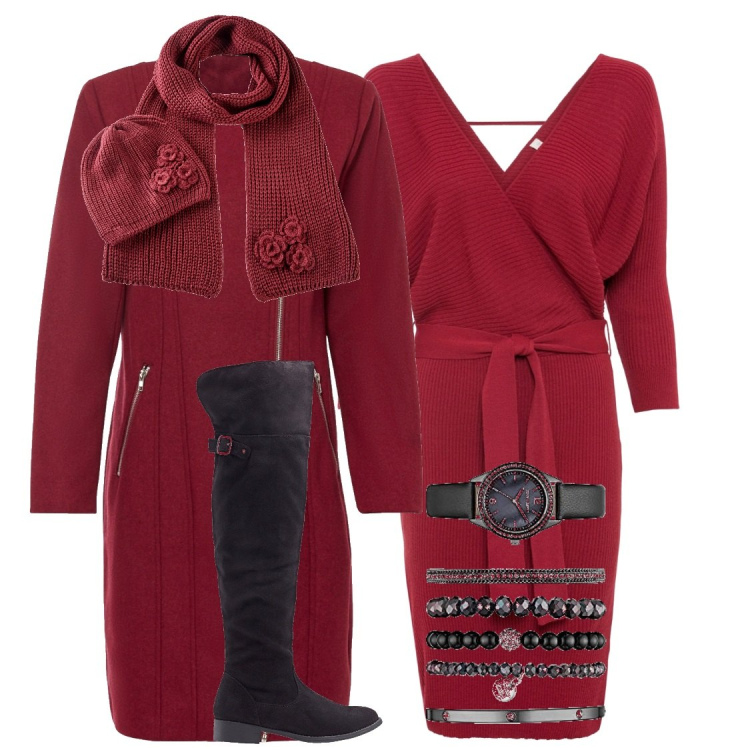Outfit donna - Il rosso non stona mai. Stile Casual chic per Tutti i giorni. Abbinamento con sciarpe, vestiti, cappotti, stivali sopra il ginocchio, orologi.
