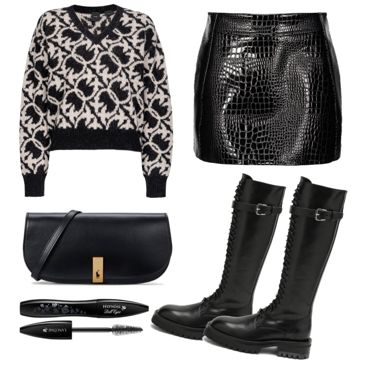 Outfit donna - Anfibi alti con lacci. Stile Rock per Serata fuori. Abbinamento con mascara, pullovers, minigonne, clutch, stivali.