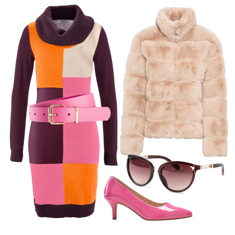 Outfit donna - Abito in maglia. Stile Romantica per Serata fuori. Abbinamento con occhiali da sole, cinture, ecopellicce, vestiti midi/longuette, décolleté.