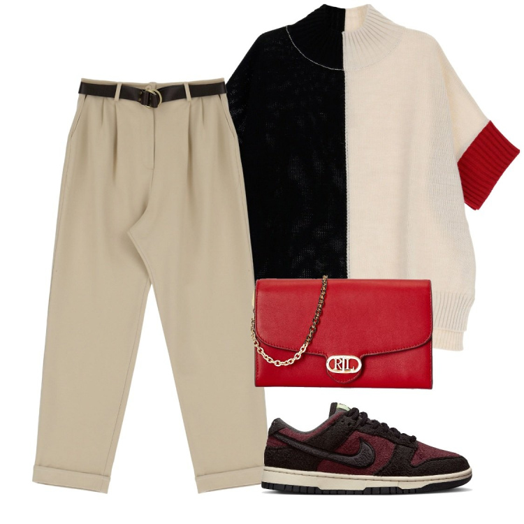 Outfit donna - Sportiva e chic. Stile Casual chic per Scuola/Università. Abbinamento con maglieria, pantaloni capri, borse a tracolla, sneakers alte.