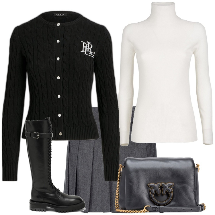 Outfit donna - Come al college. Stile Preppy per Scuola/Università. Abbinamento con borse a tracolla, minigonne, cardigans, stivali, maglieria.