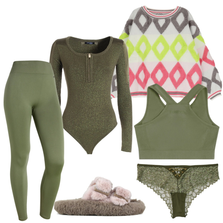 Outfit donna - Comodi. Stile Basic per Tutti i giorni. Abbinamento con culotte, felpe, body, reggiseni, leggings, ciabatte.