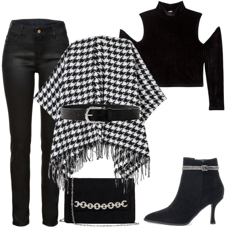 Outfit donna - femminilità e sensualità misteriosa. Stile Casual chic per Tutti i giorni. Abbinamento con cinture, pantaloni, cappe, t-shirt, pochette, stivaletti.
